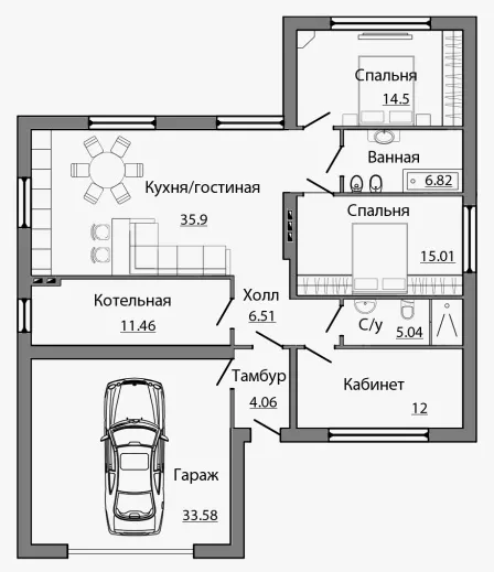 План этажа №1 1-этажного дома A-145 в Тюмени