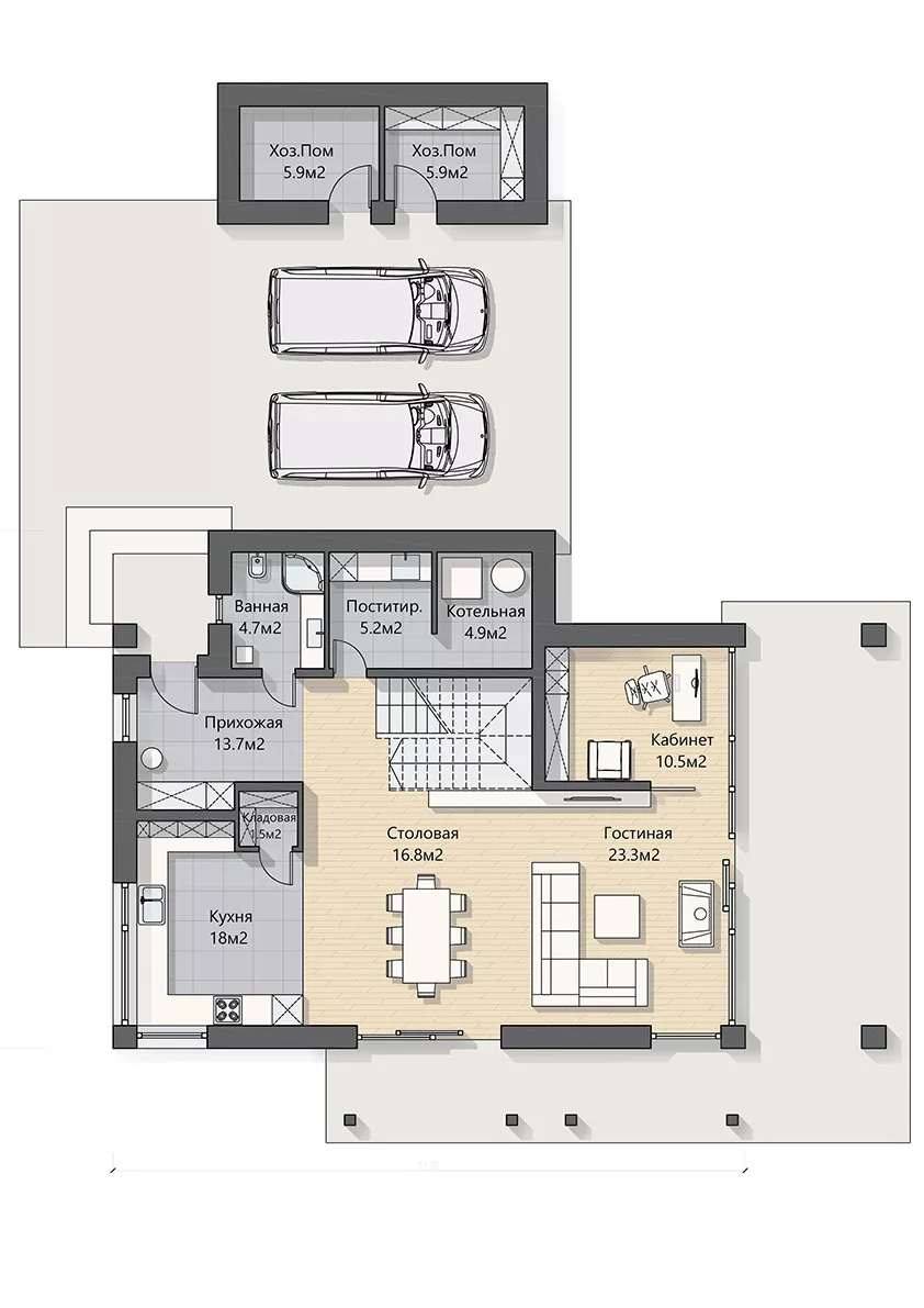 План этажа №1 2-этажного дома K-2361-2 в Тюмени