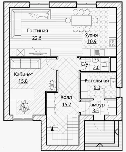 План этажа №1 2-этажного дома A-148 в Тюмени