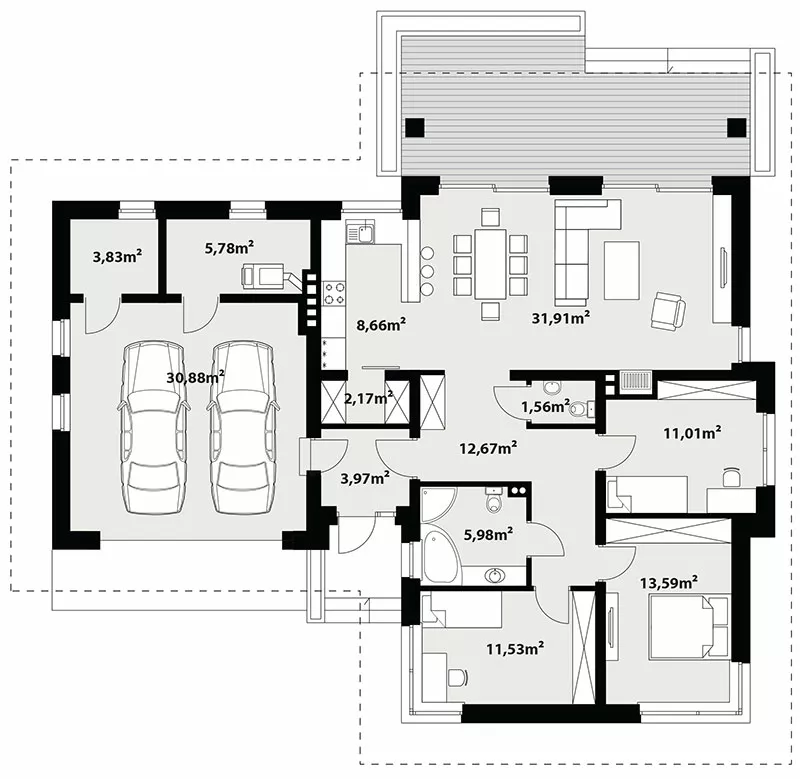 План этажа №1 1-этажного дома K-1112-4 в Тюмени