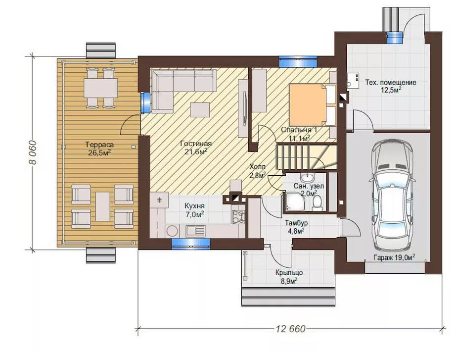 План этажа №1 2-этажного дома K-2136 в Тюмени