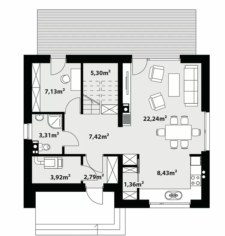 План этажа №1 2-этажного дома K-2109-3 в Тюмени