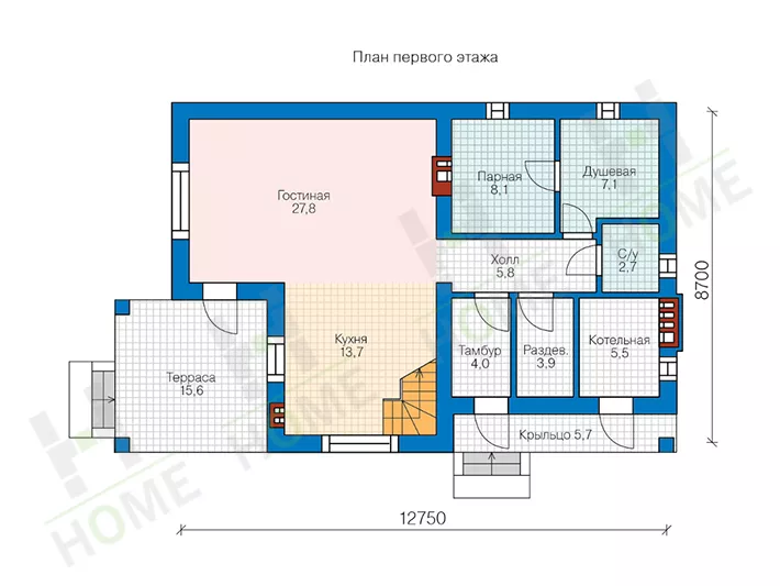 План этажа №1 2-этажного дома 90-77 в Тюмени
