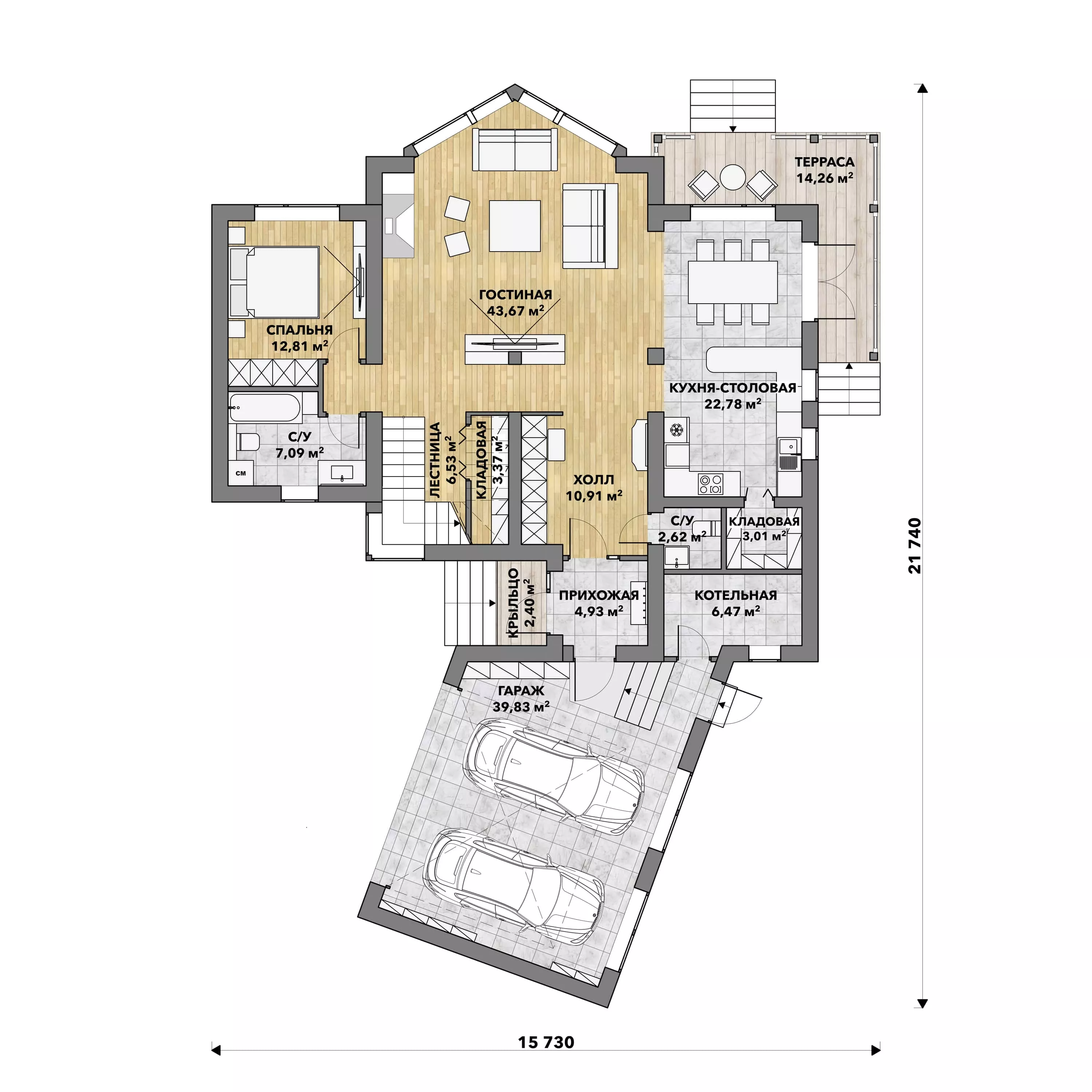 План этажа №1 2-этажного дома D-2304 в Тюмени