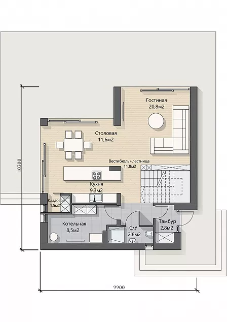 План этажа №1 2-этажного дома K-2223-2 в Тюмени