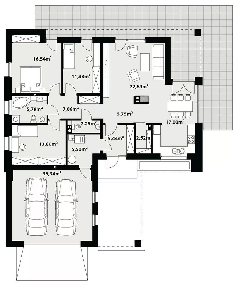 План этажа №1 1-этажного дома K-1115-3 в Тюмени