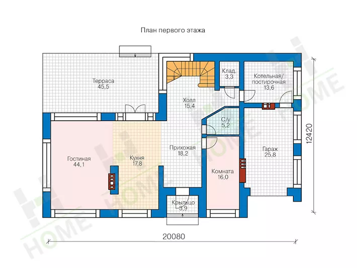 План этажа №1 2-этажного дома 45-57L в Тюмени
