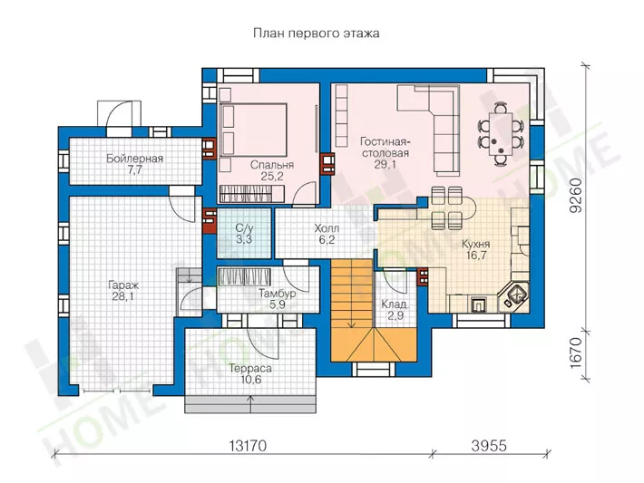 План этажа №1 2-этажного дома 40-91L в Тюмени