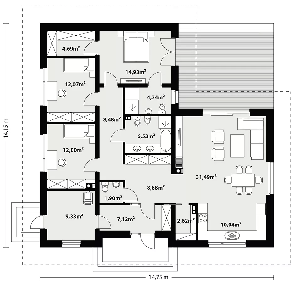 План этажа №1 1-этажного дома K-1134 в Тюмени