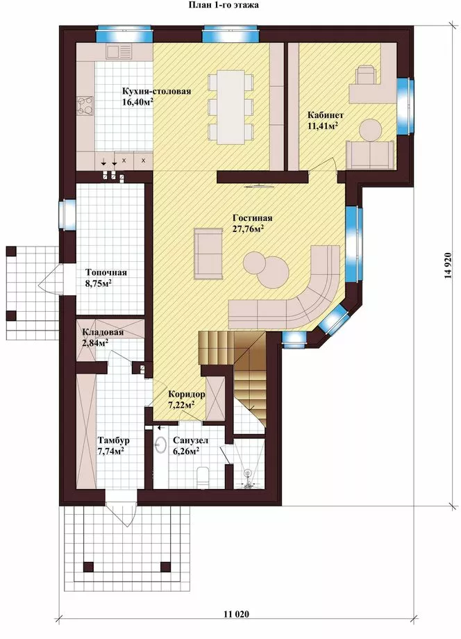План этажа №1 2-этажного дома K-2202-2 в Тюмени