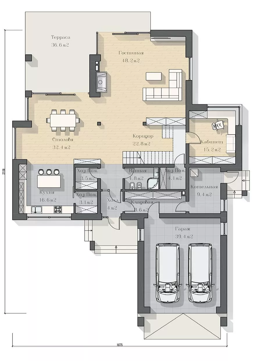 План этажа №1 2-этажного дома K-2355 в Тюмени