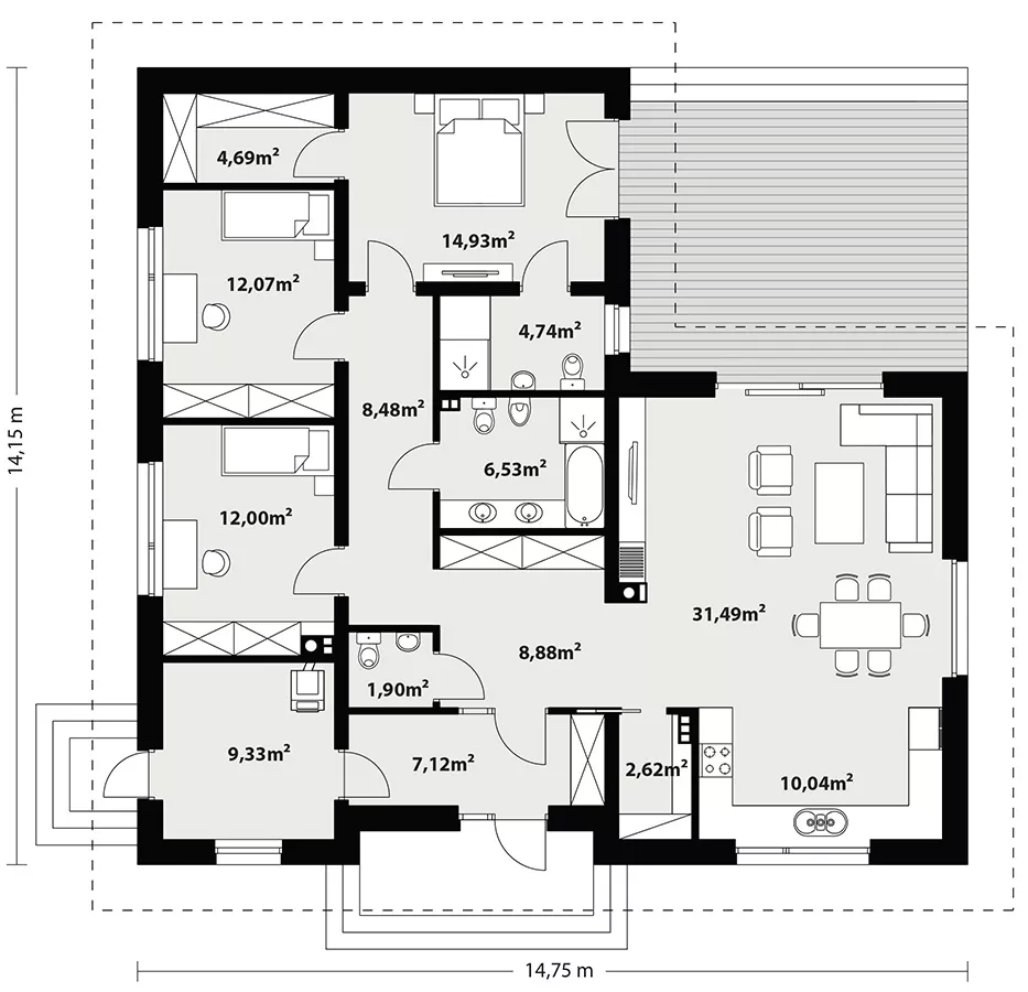 План этажа №1 1-этажного дома K-1134-2 в Тюмени