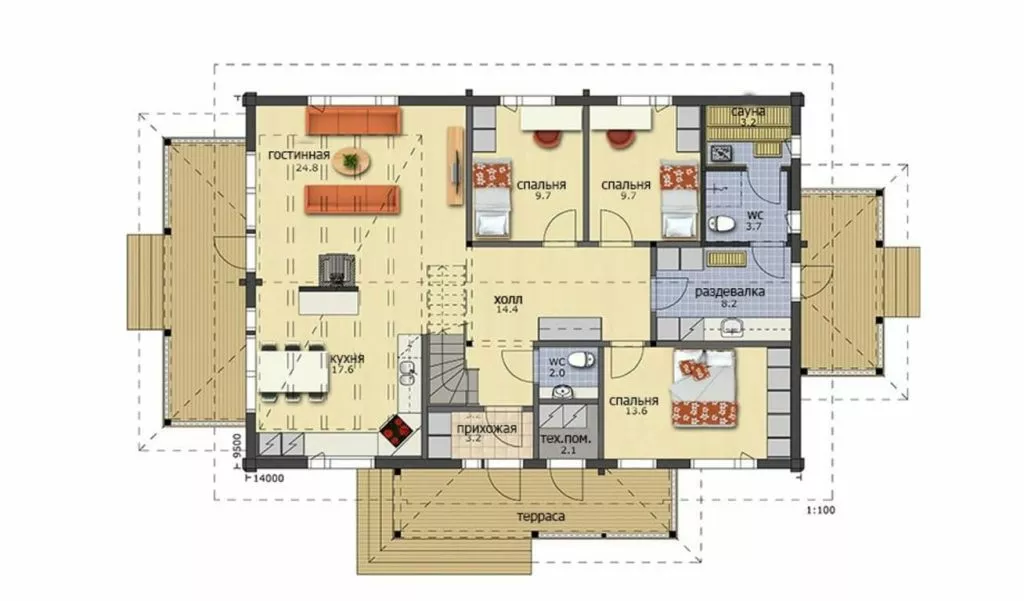 План этажа №1 1-этажного дома KR-1142 в Тюмени