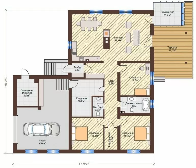 План этажа №1 1-этажного дома K-1266-3 в Тюмени