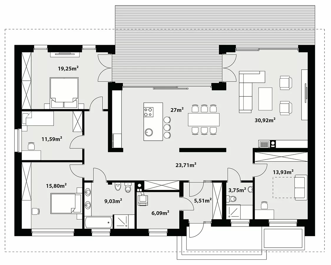 План этажа №1 1-этажного дома K-1166-4 в Тюмени