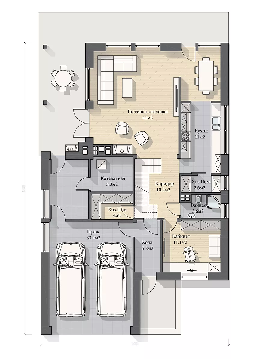 План этажа №1 2-этажного дома K-2247-2 в Тюмени
