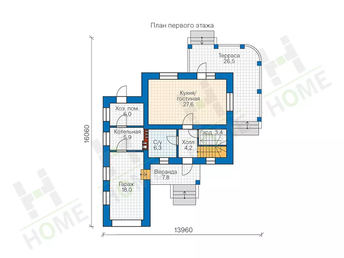 План этажа №1 2-этажного дома 63-22L в Тюмени