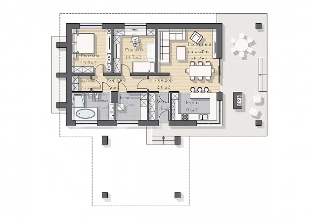 План этажа №1 1-этажного дома K-1211-2 в Тюмени