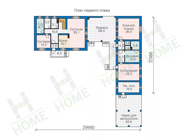 План этажа №1 2-этажного дома 45-71L в Тюмени