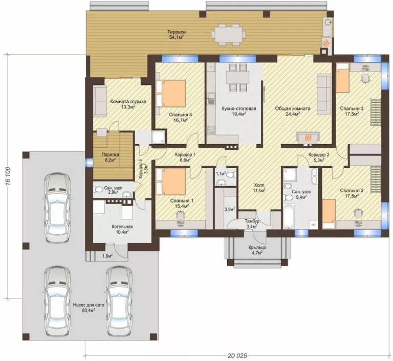 План этажа №1 1-этажного дома K-1233 в Тюмени
