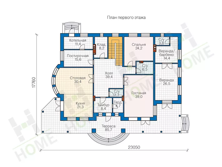 План этажа №1 2-этажного дома 63-02L в Тюмени