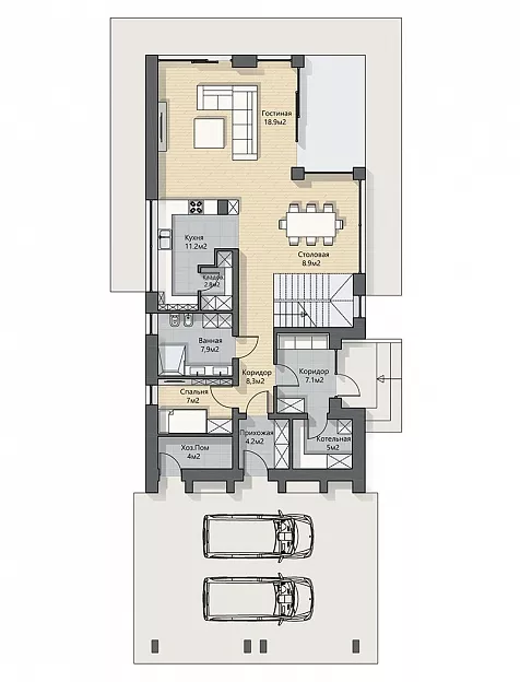 План этажа №1 2-этажного дома K-2272-2 в Тюмени