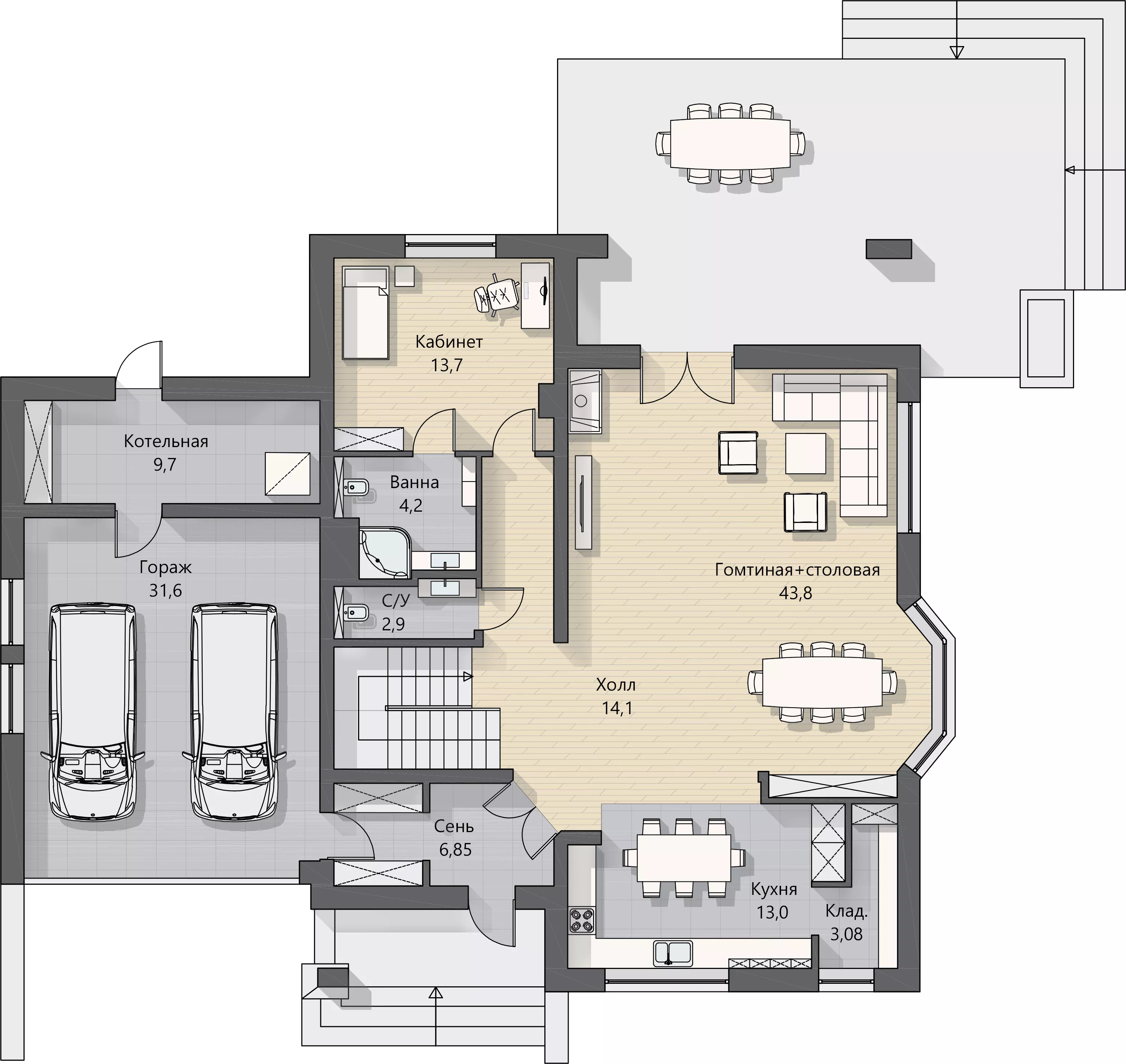 План этажа №1 2-этажного дома K-2309-2 в Тюмени