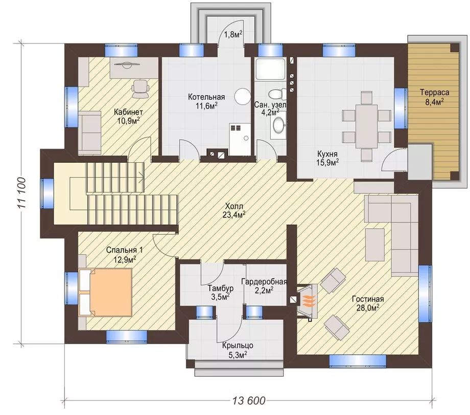 План этажа №1 2-этажного дома K-2288-3 в Тюмени