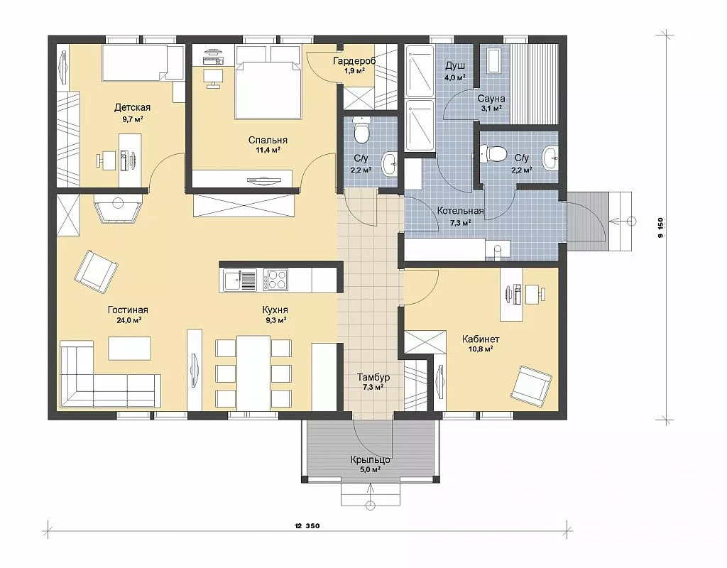 План этажа №1 1-этажного дома KR-192-2 в Тюмени