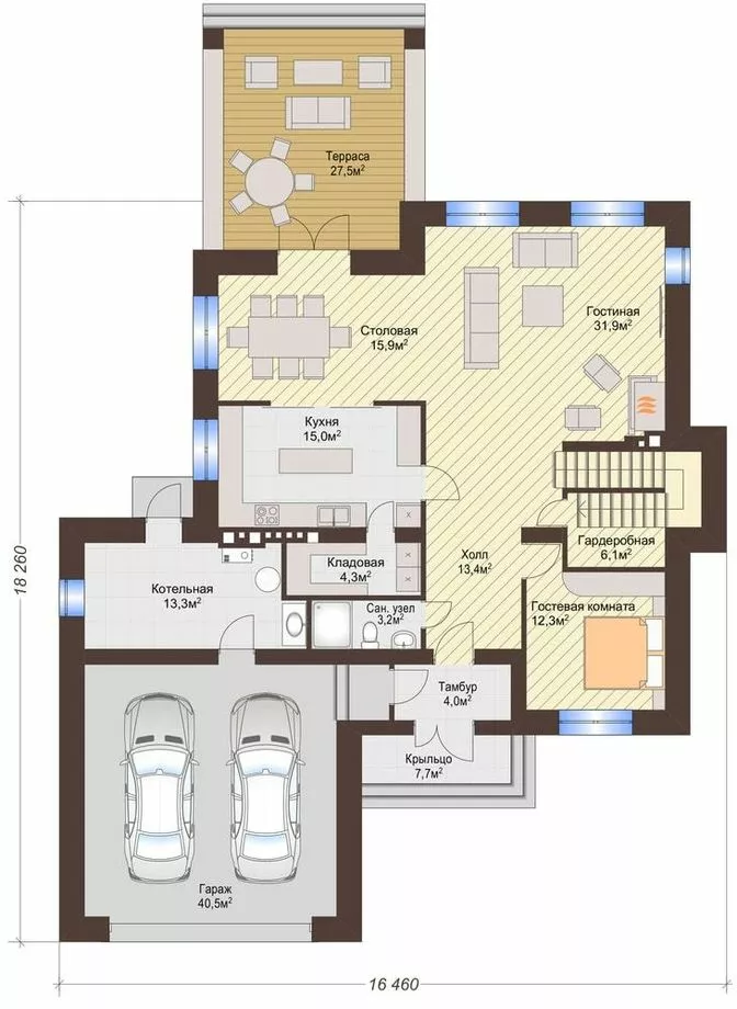 План этажа №1 2-этажного дома K-2272-3 в Тюмени