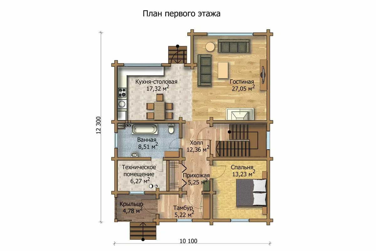 План этажа №1 2-этажного дома MK-188-52 в Тюмени
