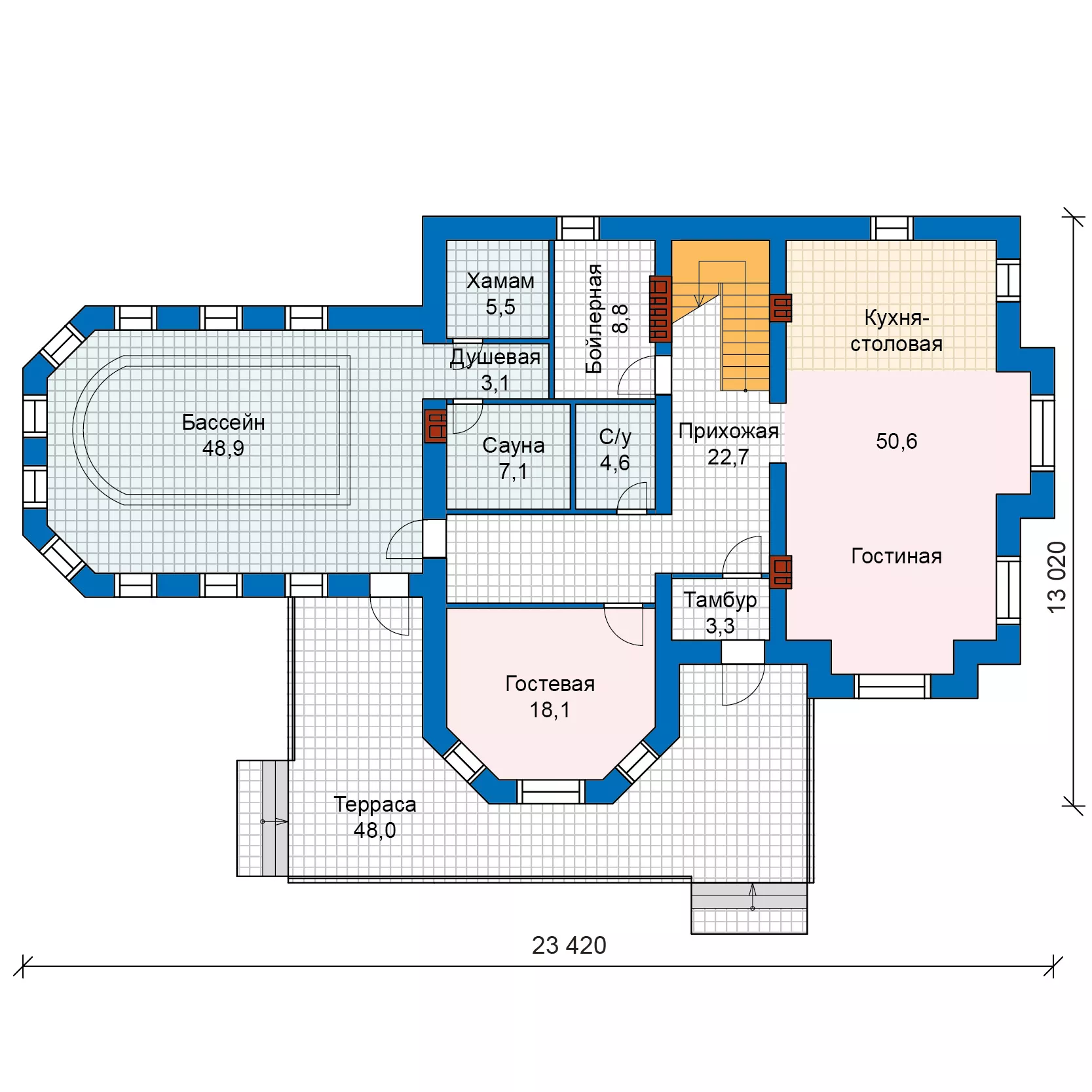 План этажа №1 2-этажного дома 48-29L в Тюмени