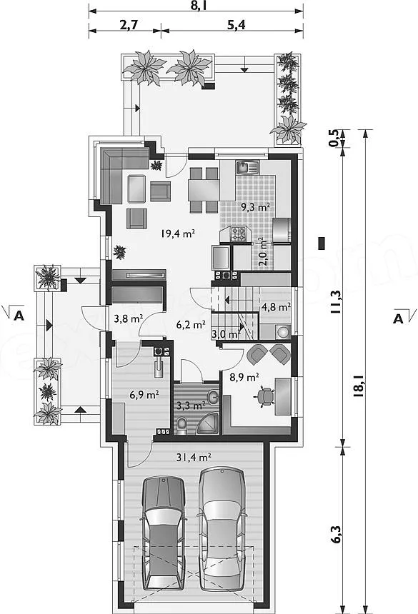 План этажа №1 2-этажного дома D-2293 в Тюмени