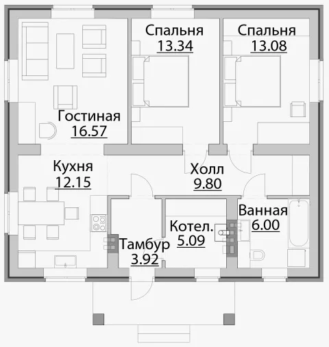 План этажа №1 1-этажного дома B-80 в Тюмени