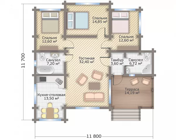 План этажа №1 1-этажного дома KR-1118-2 в Тюмени