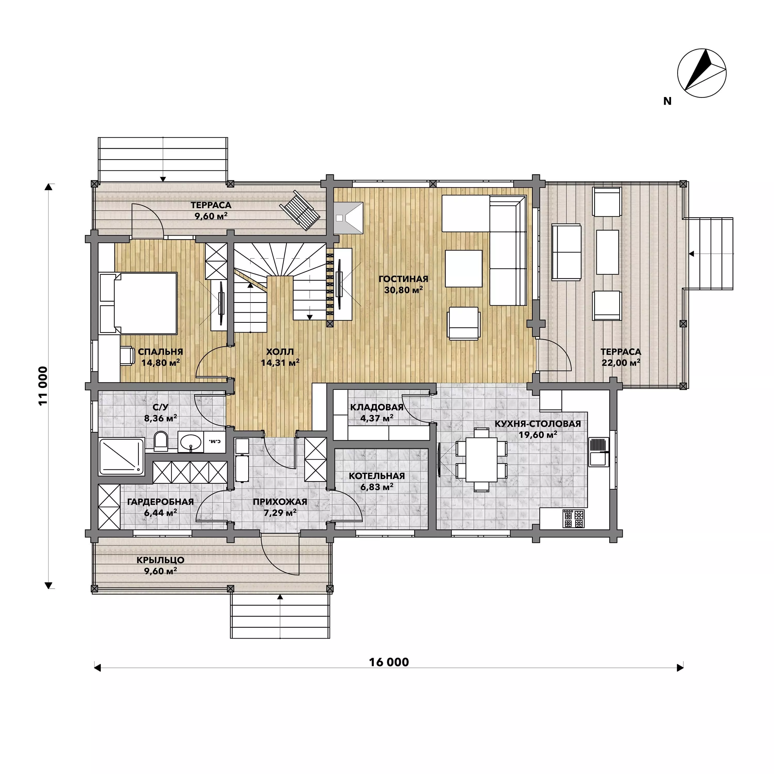 План этажа №1 2-этажного дома D-2267 в Тюмени