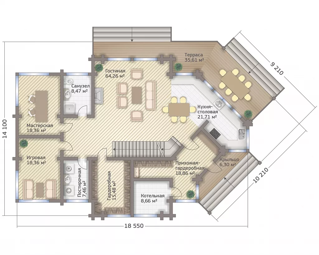 План этажа №1 2-этажного дома D-2440 в Тюмени