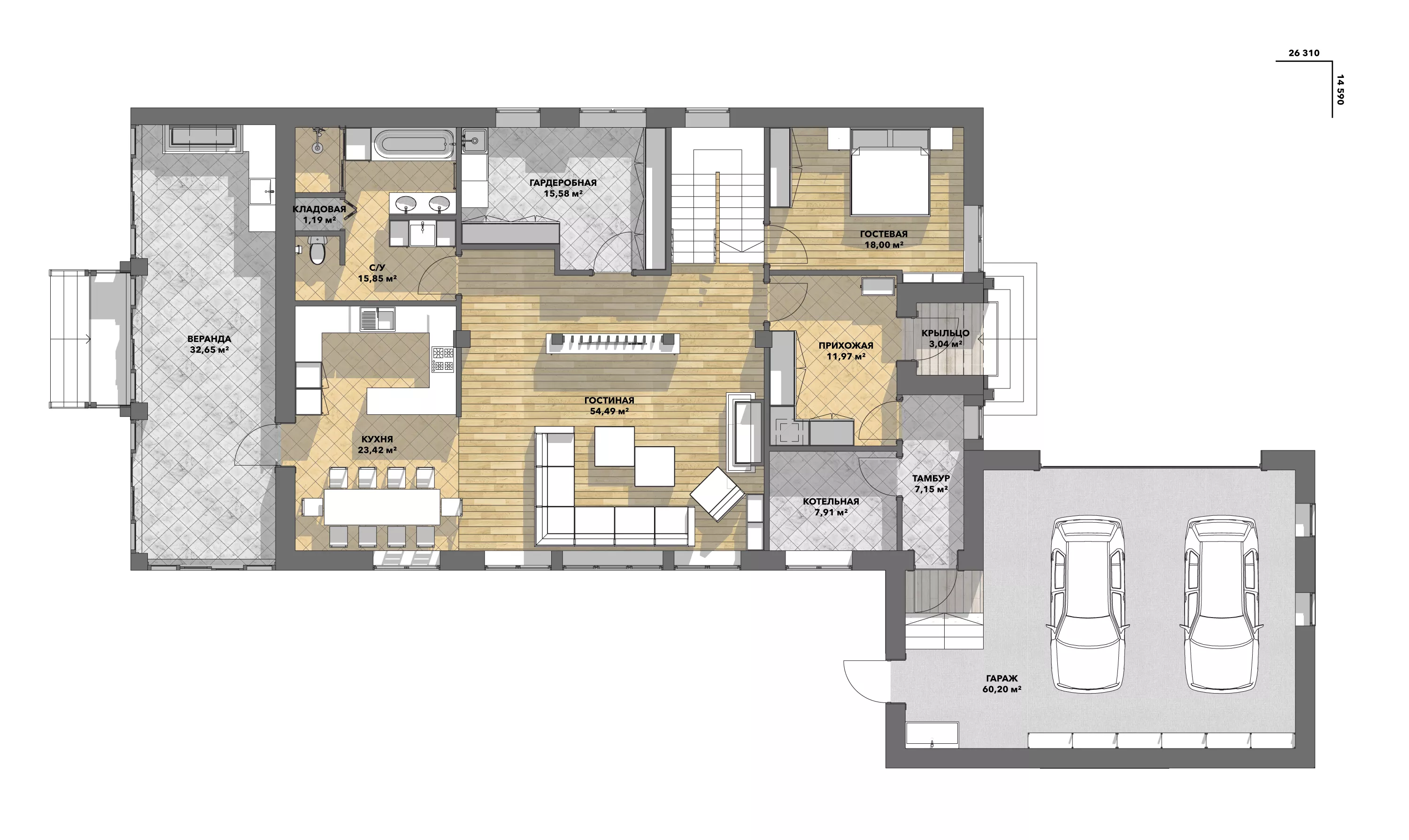 План этажа №1 2-этажного дома D-2434 в Тюмени