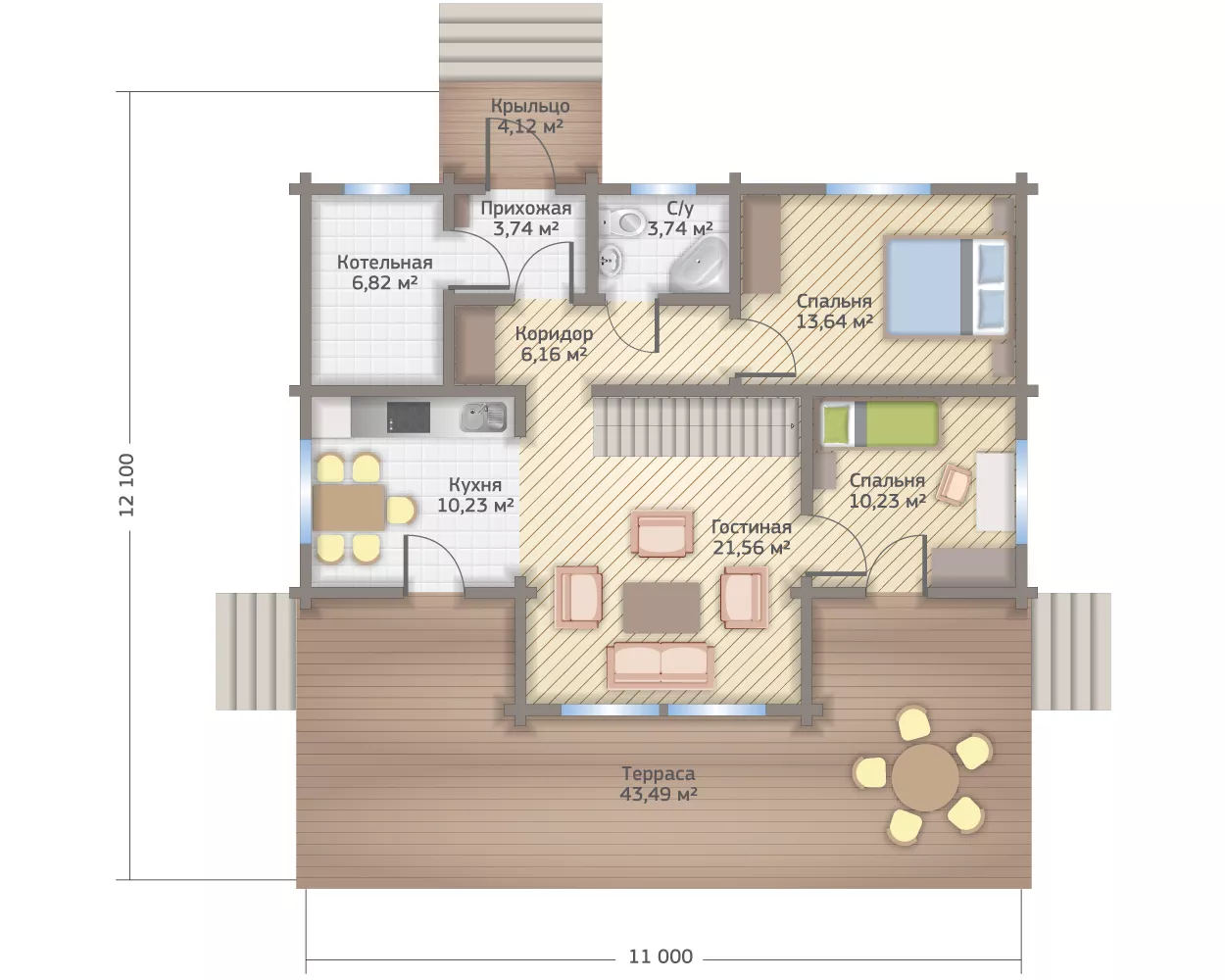 План этажа №1 2-этажного дома D-2200-4 в Тюмени