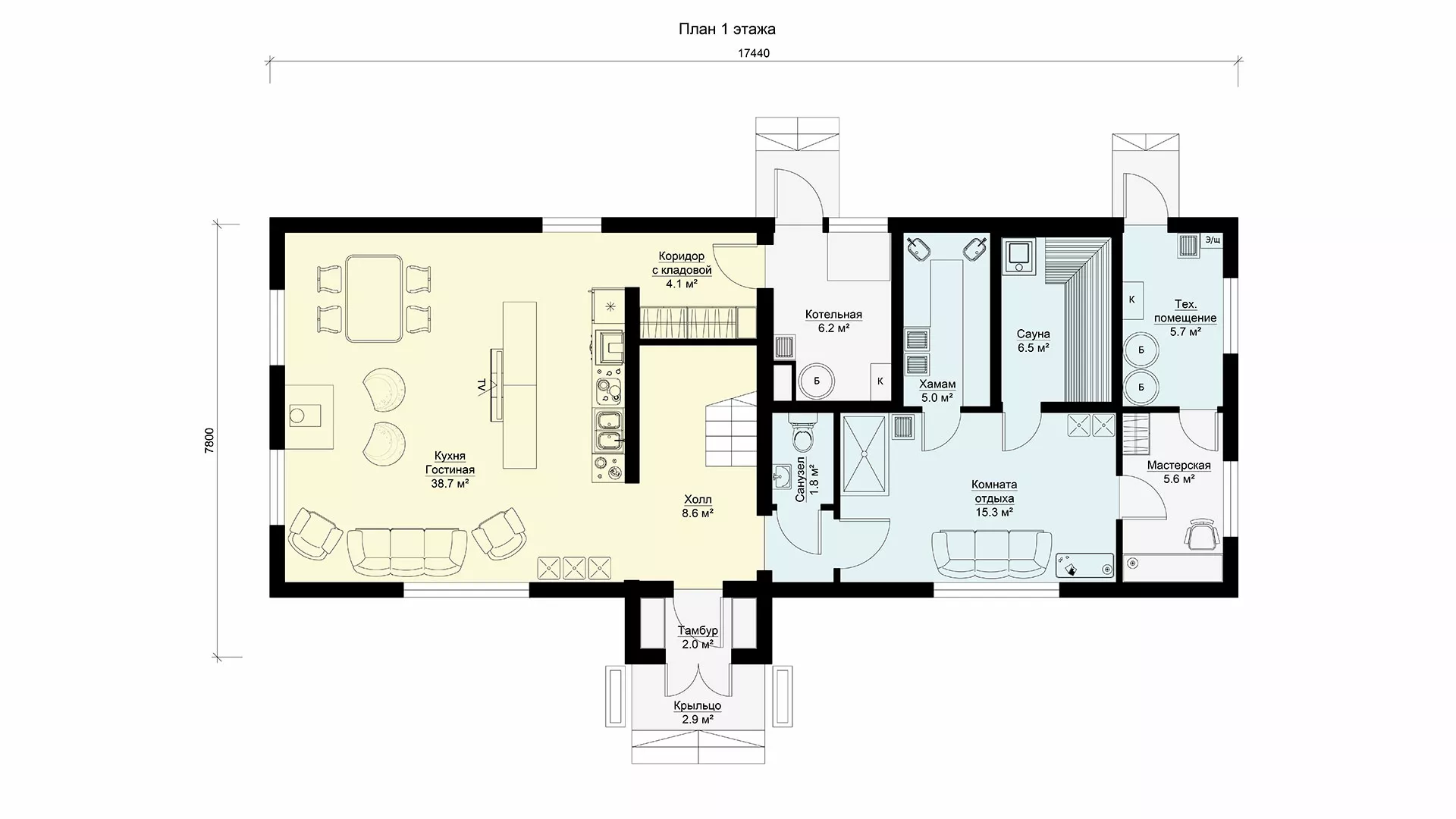 План этажа №1 2-этажного дома K-2175 в Тюмени