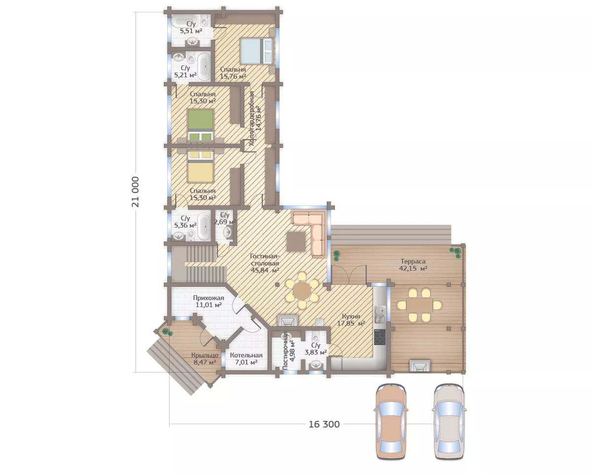 План этажа №1 2-этажного дома D-2338 в Тюмени