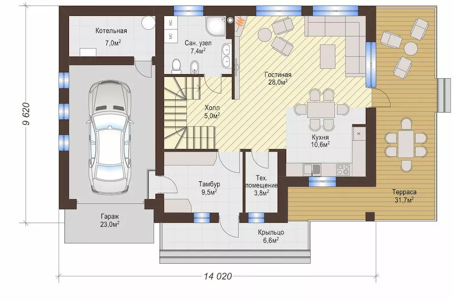 План этажа №1 2-этажного дома K-2174 в Тюмени