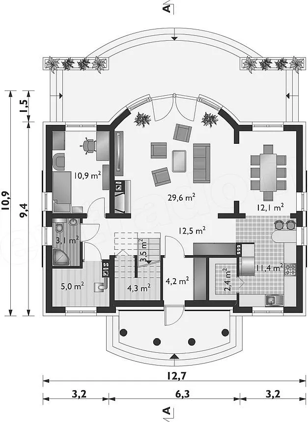 План этажа №1 2-этажного дома D-2277 в Тюмени