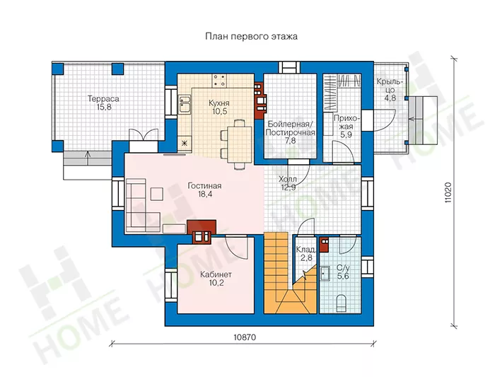 План этажа №1 2-этажного дома 58-34K в Тюмени