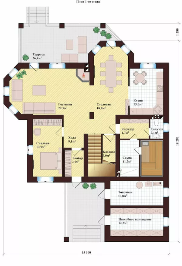 План этажа №1 1-этажного дома K-1289 в Тюмени