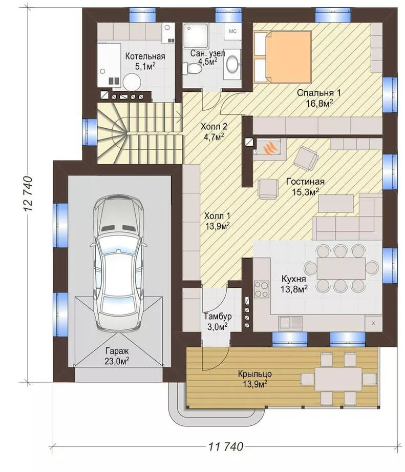 План этажа №1 2-этажного дома K-2178-2 в Тюмени
