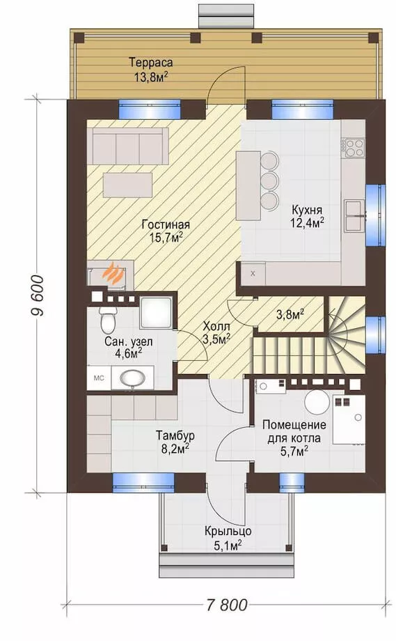 План этажа №1 2-этажного дома K-2119-2 в Тюмени