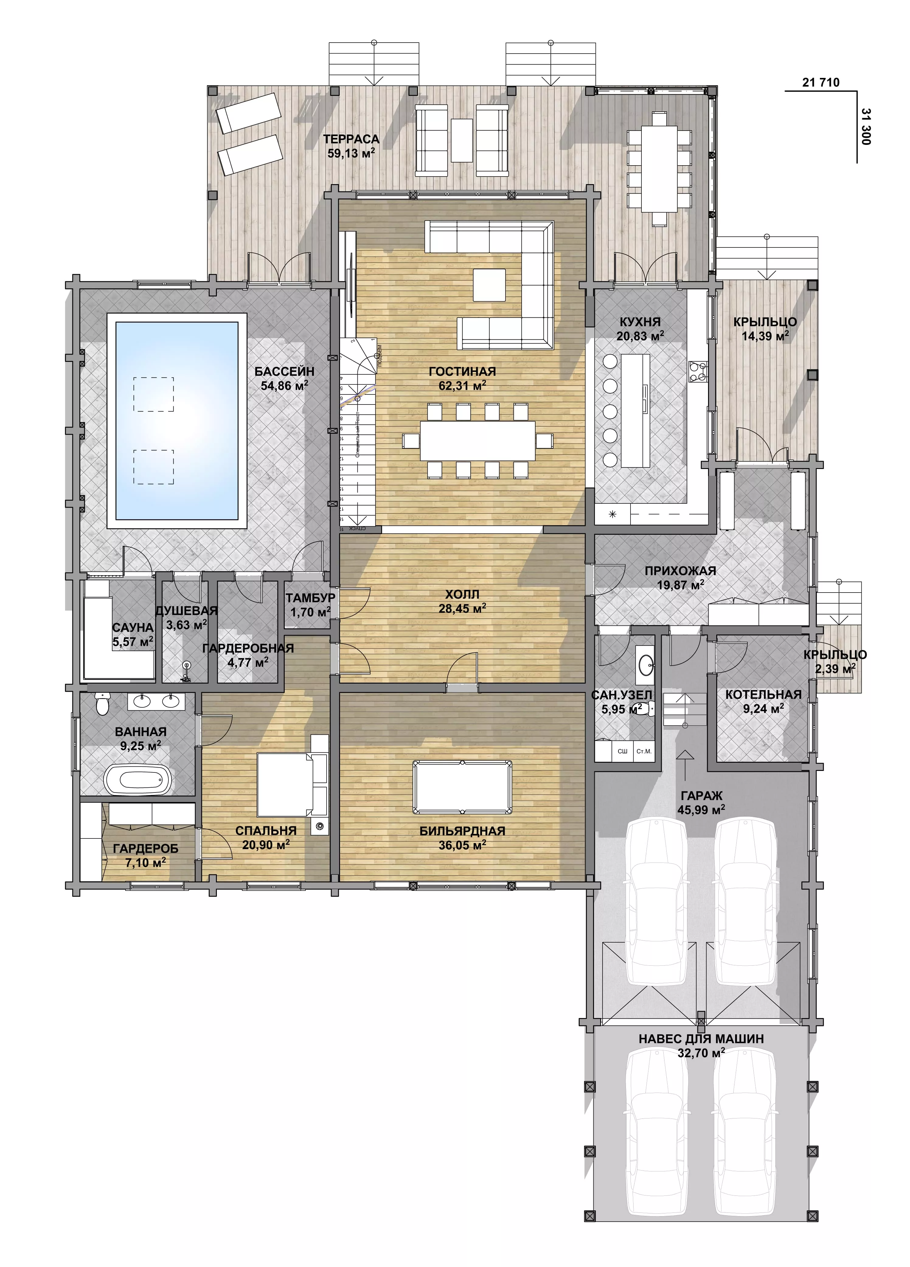 План этажа №1 2-этажного дома D-2613 в Тюмени