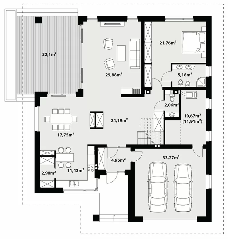 План этажа №1 2-этажного дома K-2223-4 в Тюмени