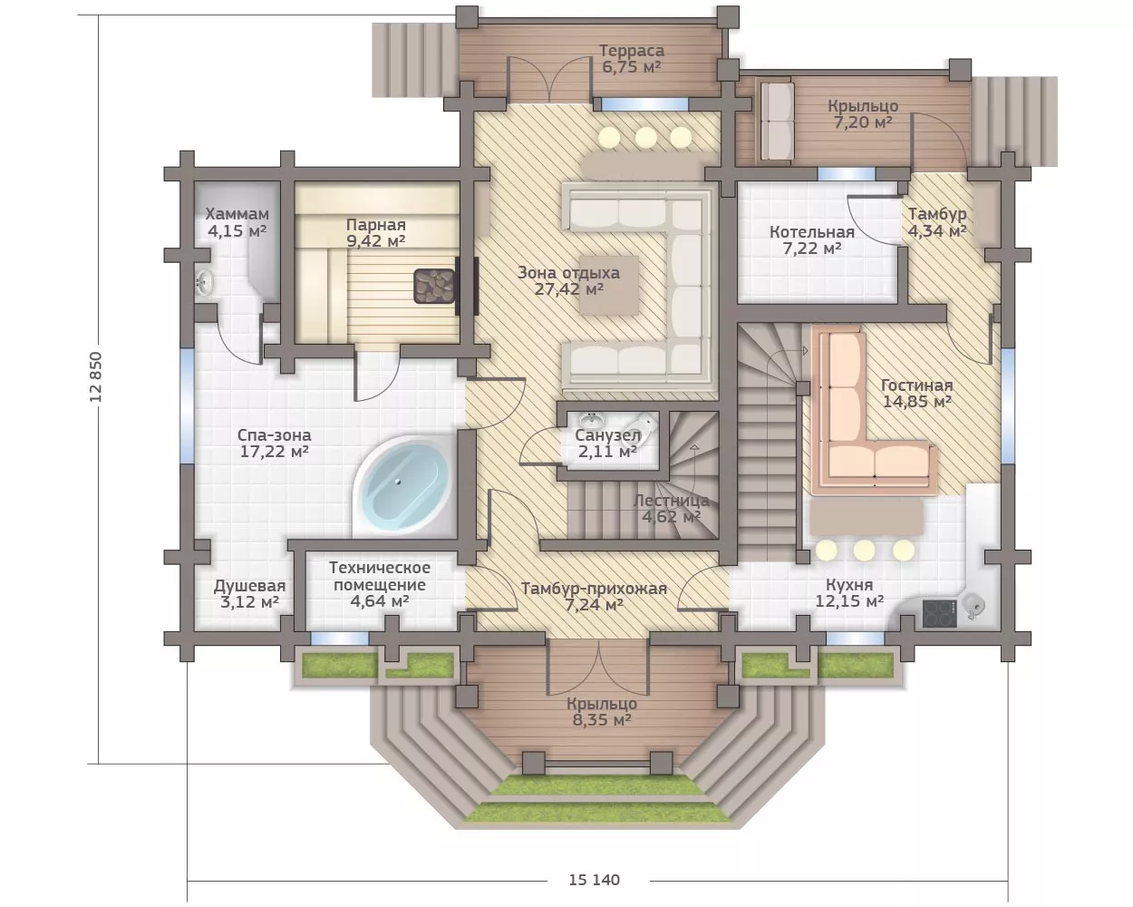 План этажа №1 2-этажного дома D-2271 в Тюмени